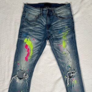 Tulones Currency Collection Stylish Blue Jeans with Neon Paint Splatter!
